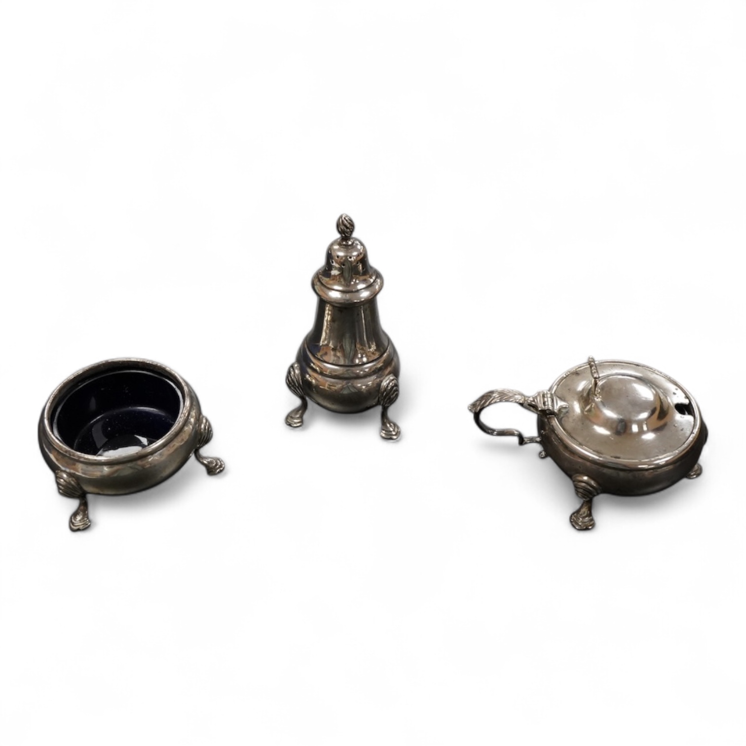 A George V silver three piece cruet set, weight approx. 7.16ozt